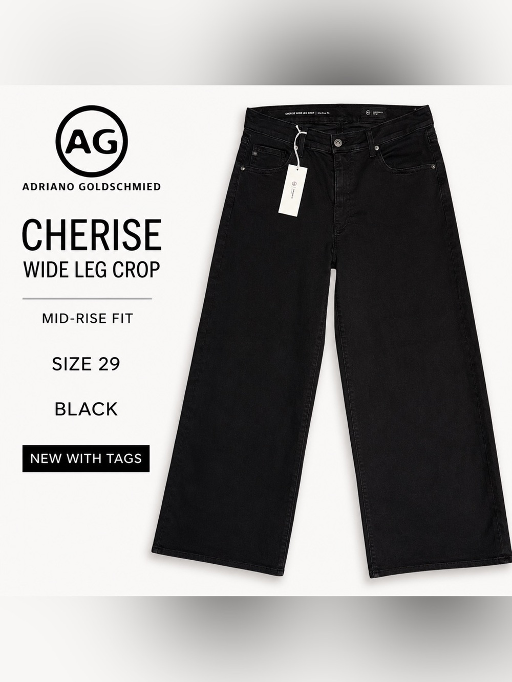AG Adriano Goldschmied Cherise Wide Leg Crop Jeans Black NWT Size 29